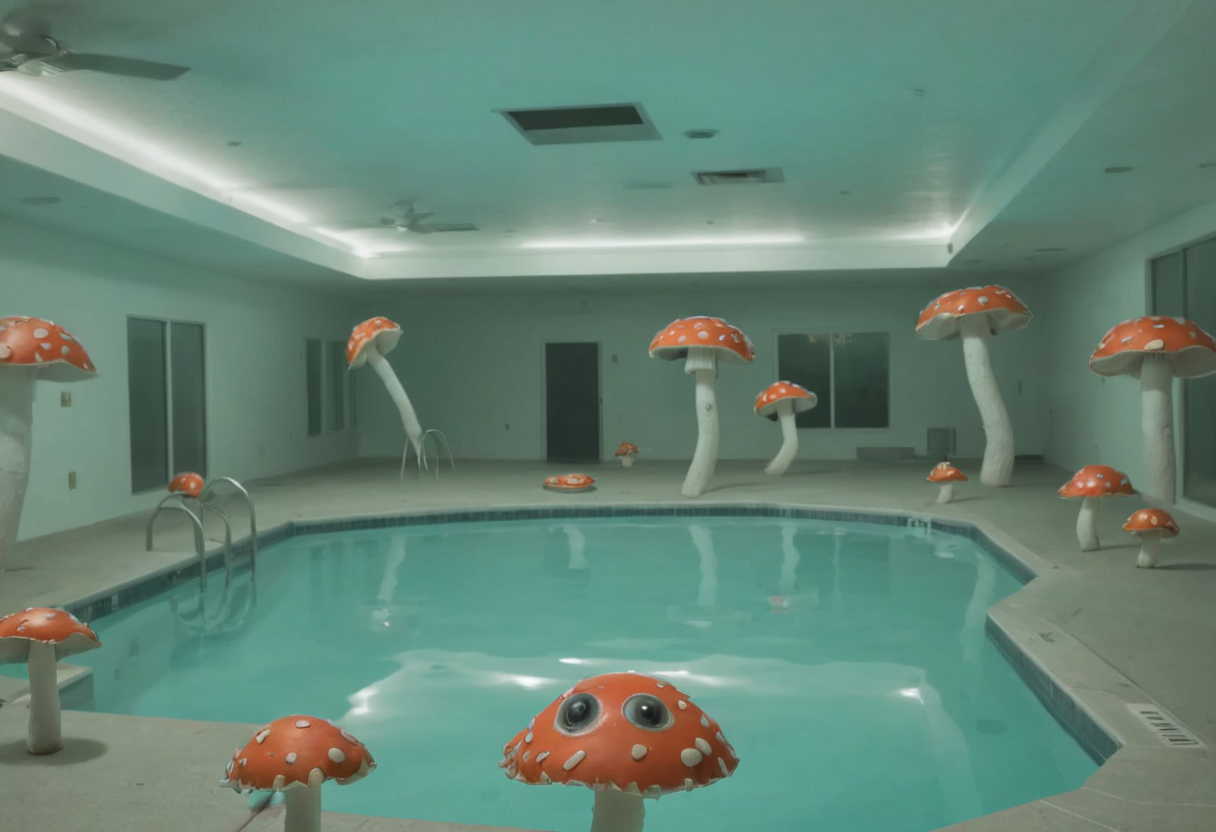 an eerie image set in a pool area with a liminal space vibe, incorporating elements of horror, strange mushrooms, and a distorted atmosphere <lora:y2kmadmix_v0.0.1:1>