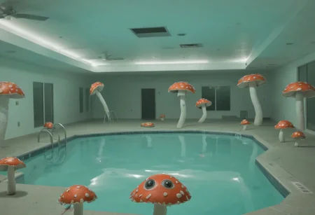 an eerie image set in a pool area with a liminal space vibe, incorporating elements of horror, strange mushrooms, and a distorted atmosphere <lora:y2kmadmix_v0.0.1:1>