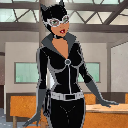 <lora:catwomanharleyquinncartoon_pony_v1:.8>  CatwomanHqGoggles, 1girl, black bodysuit, lipstick, green eyes, gloves, makeup, mask, animal ears, red lips, breasts, belt, cowboy shot