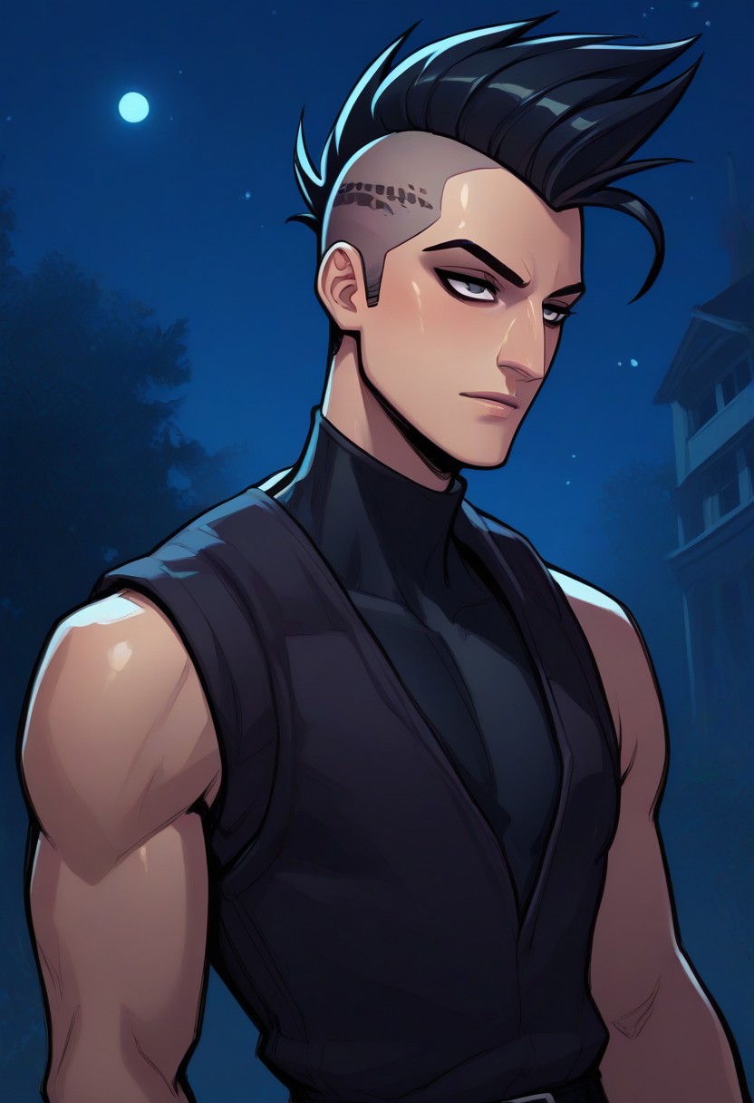 score_9, score_8_up, score_7_up, score_6_up, score_5_up, score_4_up, perfectly detailed face, high quality, source_cartoon, solo, 1man, Slim body, Black sweater, vest, sleeveless, Black pants, Black mohawk emo slicked back hair, night, empty park, Aquiline Nose