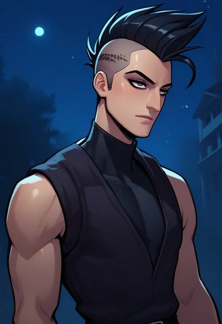 score_9, score_8_up, score_7_up, score_6_up, score_5_up, score_4_up, perfectly detailed face, high quality, source_cartoon, solo, 1man, Slim body, Black sweater, vest, sleeveless, Black pants, Black mohawk emo slicked back hair, night, empty park, Aquiline Nose
