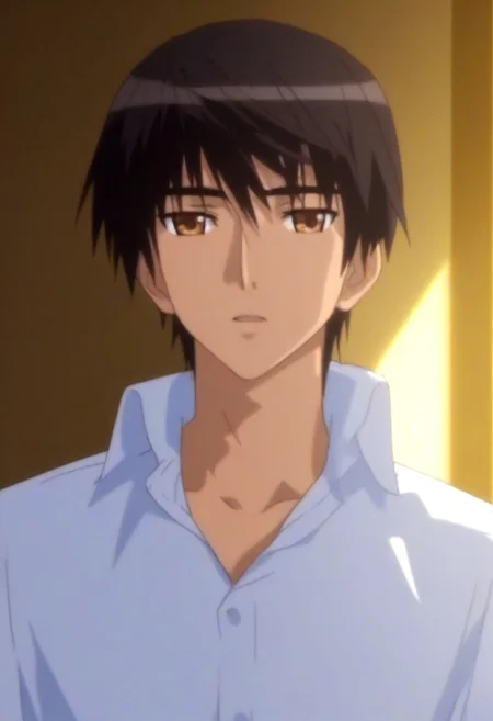 ((masterpiece)), ((best quality)), ((ultra-detailed)), ((absurdres)), score_9_up, score_8_up, score_7_up,
HD, top quality, best quality, amazing quality, High-quality illustrations, anime screencap, source_anime, best aesthetic, perfect proportions, perfect eyes, 1boy, 1male, solo boy, solo male, male focus, solo male focus, Anime, boy, male anime character, anime boy, handsome, sexy, cute, charming, ((looking at front, looking at viewer)), ((front shot, front view, view from front)), ((cowboy shot, head to hips shot)), ((tall body, tall height)), ((lean body, slim body)), Haruomi Shiki, black hair, brown eyes, white shirt, black pants, easynegative, updn, Expressiveh, masterpiece, best quality, very aesthetic, absurdres