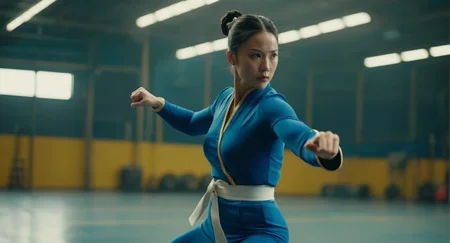 cinematic film still of  Cinematic Film stock footage in (arri alexa style) Kodak film print,   <lora:chun li:1>Chun-Li a woman in a blue outfit kicking a kick, shallow depth of field, vignette, highly detailed, high budget, bokeh, cinemascope, moody, epic, gorgeous, film grain, grainy