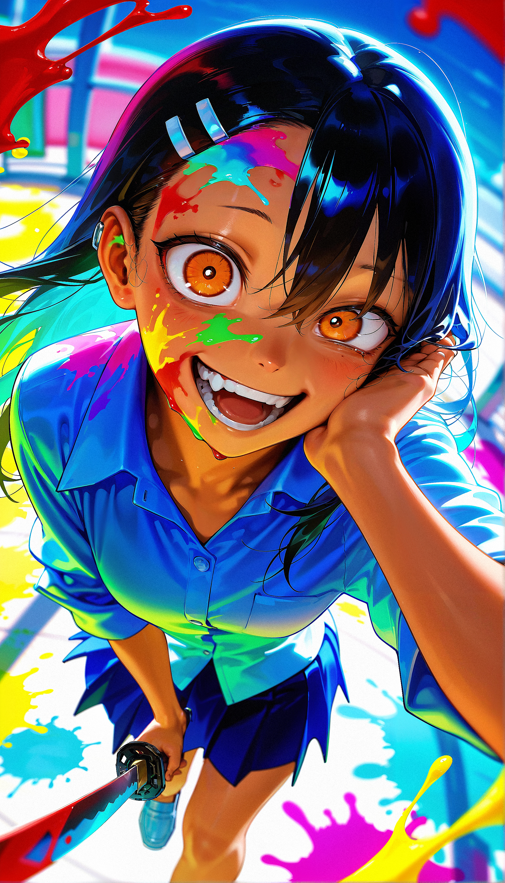 masterpiece, best quality, amazing quality, very aesthetic, absurdres,  newest, scenery,  1girl, Hayase Nagatoro, teeth, open mouth, blood on face, smile, black hair,  crazy eyes, holding katana, hand on own cheek, upper body, school uniform backlighting, from above, dutch angle, , close-up, photorealistic, dutch angle, (colorful), from above, (((paint splatter))),fisheye, , masterpiece, best quality, amazing quality, very aesthetic, absurdres,  newest, scenery, volumetric lighting