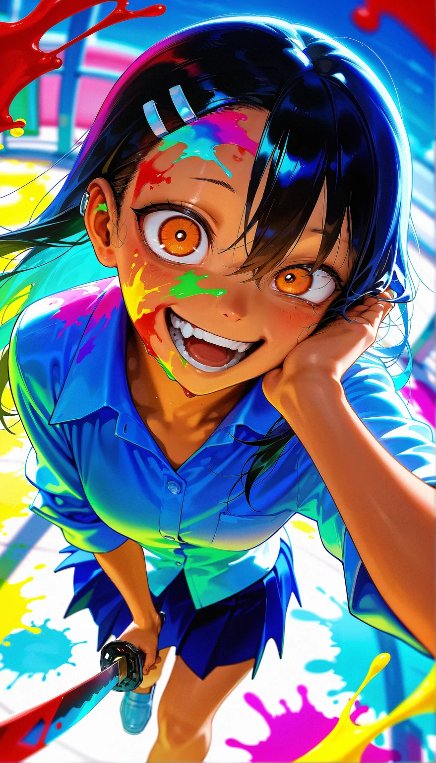 masterpiece, best quality, amazing quality, very aesthetic, absurdres, newest, scenery, 1girl, Hayase Nagatoro, teeth, open mouth, blood on face, smile, black hair, crazy eyes, holding katana, hand on own cheek, upper body, school uniform backlighting, from above, dutch angle, , close-up, photorealistic, dutch angle, (colorful), from above, (((paint splatter))),fisheye, , masterpiece, best quality, amazing quality, very aesthetic, absurdres, newest, scenery, volumetric lighting