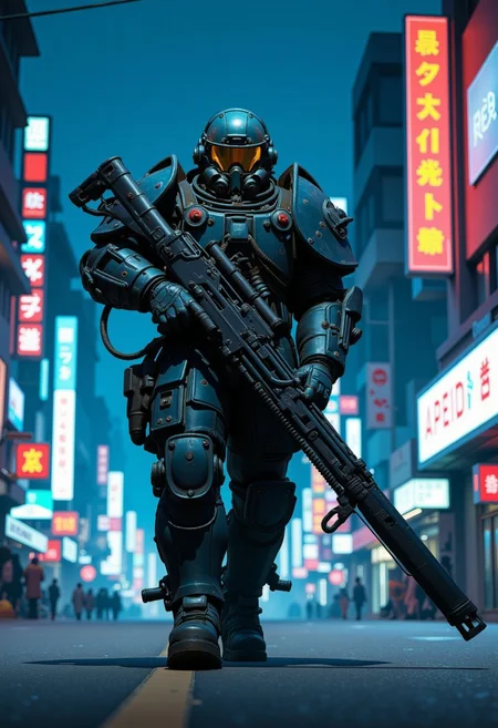 1man, A heavily armored warrior in futuristic black power armor stands confidently, wielding a massive gatling gun with intricate details. The armor is bulky, with reinforced plating, large shoulder pads, and complex mechanical joints. The helmet has a visor and multiple metallic elements, giving the character a rugged, battle-hardened look. The gatling gun features a drum magazine, with visible wiring and mechanical components, emphasizing its powerful nature. The character exudes strength and resilience, with an imposing and intimidating stance, full shot, full body visible, ultra realistic, masterpiece, he walks in a deserted road, distant cyberpunk metropolis, night time, neon light lights the sky.