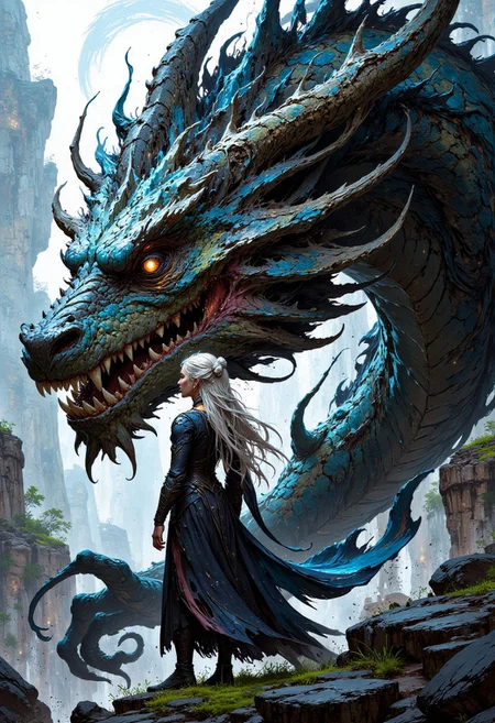 FluxEpicDragon, In a strikingly detailed, Daenerys Targaryen and her dragon come to life in vivid realism. The Mother of Dragons radiates power and beauty, her silver hair flowing gracefully as she commands her majestic, scaled companion. This awe-inspiring scene, likely a masterfully crafted painting, captures every minute detail of Daenerys and her dragon, from the glint of their scales to the intensity of their gaze. The image is truly ultra-realistic, immersing viewers in the fantasy world of Westeros with unprecedented clarity and depth.