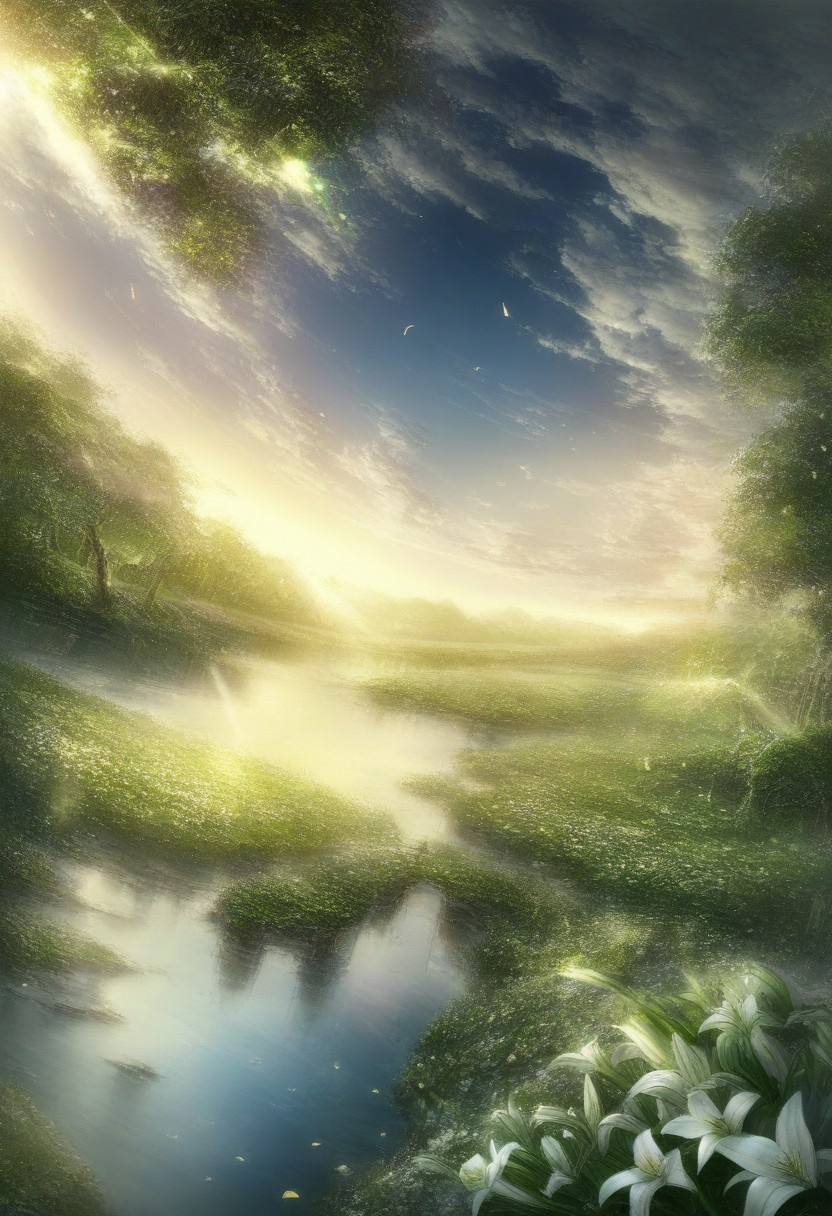 detailed background, from above,( Calm spring night landscape), amongst lush greenery, beautiful view, Flower Field, lily flower in full bloom, lily flower, early morning, sunrise sky, beautiful clouds, dappled sunlight, beautiful, Tranquil Lake, Walkway, petals dancing in the wind, depth of field, masterpiece, best quality, ultra-detailed, very aesthetic, illustration, perfect composition, intricate details, absurdres, moody lighting, wisps of light, no humans,