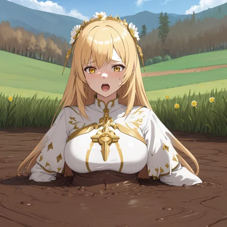 masterpiece, best quality, digital art, deviantart, 1girl, golden hair, large breasts, white dress, gold ornaments, priestess, green grass, hills in the distance, trees, flowers, blue sky, partially submerged, brown mud, mud bog, sticky mud, scared, worried, screaming, close up, upper body shot
