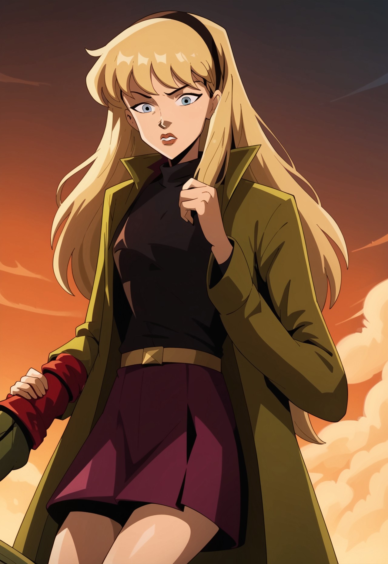score_9, score_8, score_7, source_cartoon, gwen stacy, 1girl, long sleeves, hairband, jacket, retro artstyle, solo, 1boy, coat, skirt, solo focus