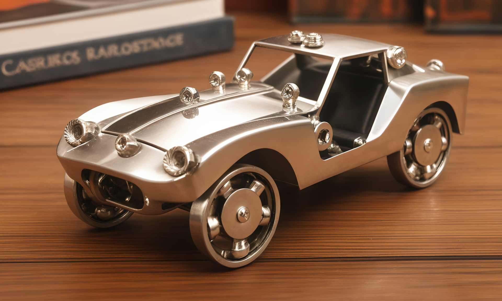 <lora:vintagemechcd_xl-000012:0.8>,a simple-structured modern sports car sculpture with nut and bolt made of vintagemechcd_xl on wooden table,supercar,desktop ornament,detailed,hi-res photo,silver theme,solo,no humans,close-up,microspur,indoors,living room,simple background, emotional,harmonious,high budget,moody,epic,gorgeous,perfect lighting,realistic,photorealistic,photographic,photo (medium),real,moody lighting,volumetric lighting,reality ray tracing,8K,HDR,UHD,masterpiece,best quality,highly detailed,high resolution,finely detail,extremely detailed,ultra detailed,wallpaper
