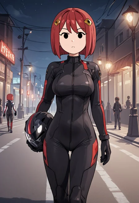 score_4,score_5,score_6,score_7_up,score_8_up,score_9 ((masterpiece,best quality,ultra detailed,highres,HD,4k:1.2)),
1girl,solo,girl focus,solo focus,
jyuukyuu, flat color, deformed, deformed characters, round face,((mob face,black eyes, eyes filled with black)),
red hair,short hair,hair ornament,large breasts, rider suit,bodysuit,gloves, ((Rider suit, black rider suit,sexy rider suit,))Bikes, standing near bikes,headwear removed,Night, highway, street lights, Expressionless,