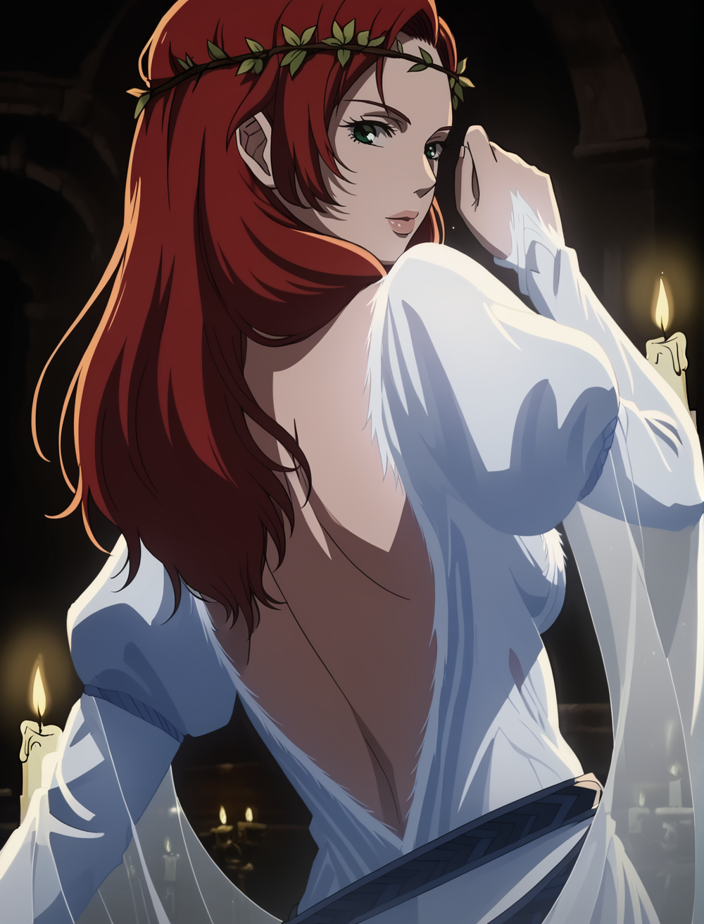 best quality, highres, HeraHammerhand, solo, red hair, long hair, green eyes, white dress, white dress belt, flowing sleeves, head wreath, puffy sleeves, breasts, realistic background, blurry background, bokeh, shadows, shadow, looking back at viewer, backless dress, dynamic pose, dynamic angle, candlelight, candle, dim lighting, indoors, dark scenery, dark, from side, seductive, <lora:HeraLOTR:0.95>