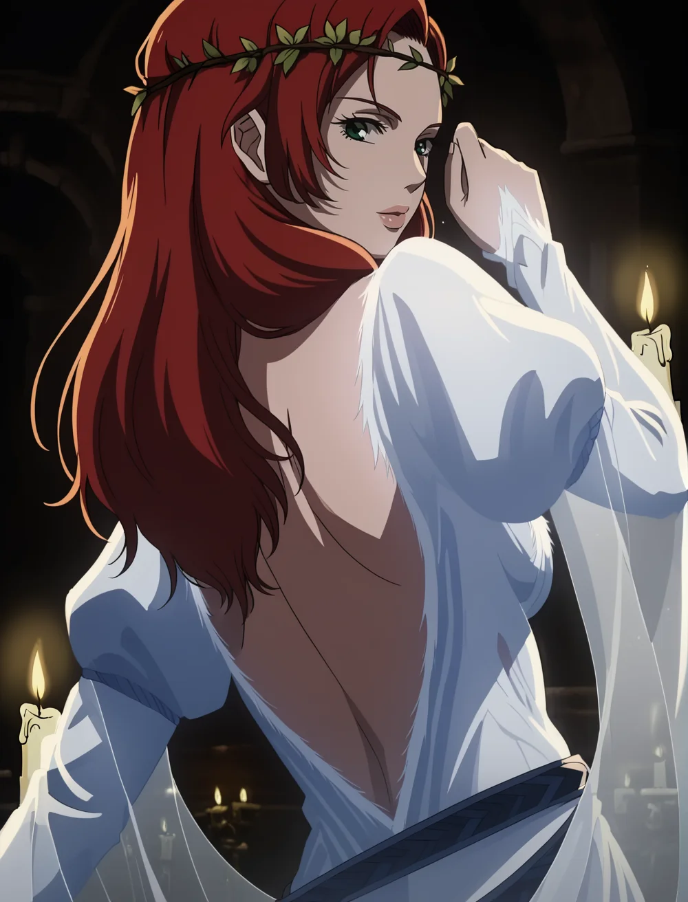 best quality, highres, HeraHammerhand, solo, red hair, long hair, green eyes, white dress, white dress belt, flowing sleeves, head wreath, puffy sleeves, breasts, realistic background, blurry background, bokeh, shadows, shadow, looking back at viewer, backless dress, dynamic pose, dynamic angle, candlelight, candle, dim lighting, indoors, dark scenery, dark, from side, seductive, <lora:HeraLOTR:0.95>