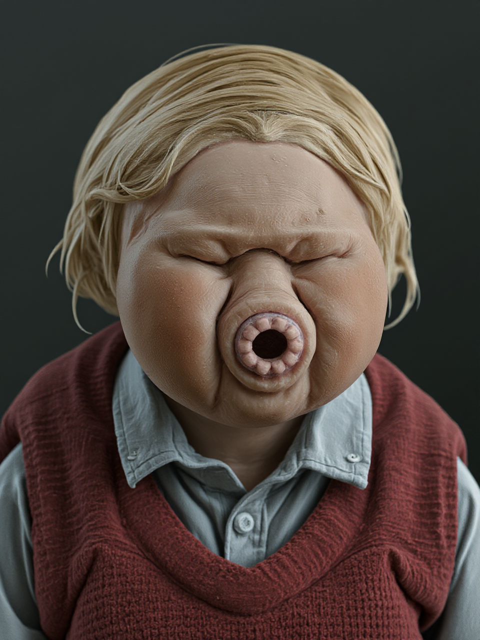 A surreal hyper-realistic awkward school portrait featuring a tardigrade wearing a red plaid sweater vest over a light blue collared shirt. The tardigrade has a neatly combed blonde hair. t4rd1gr4d3
