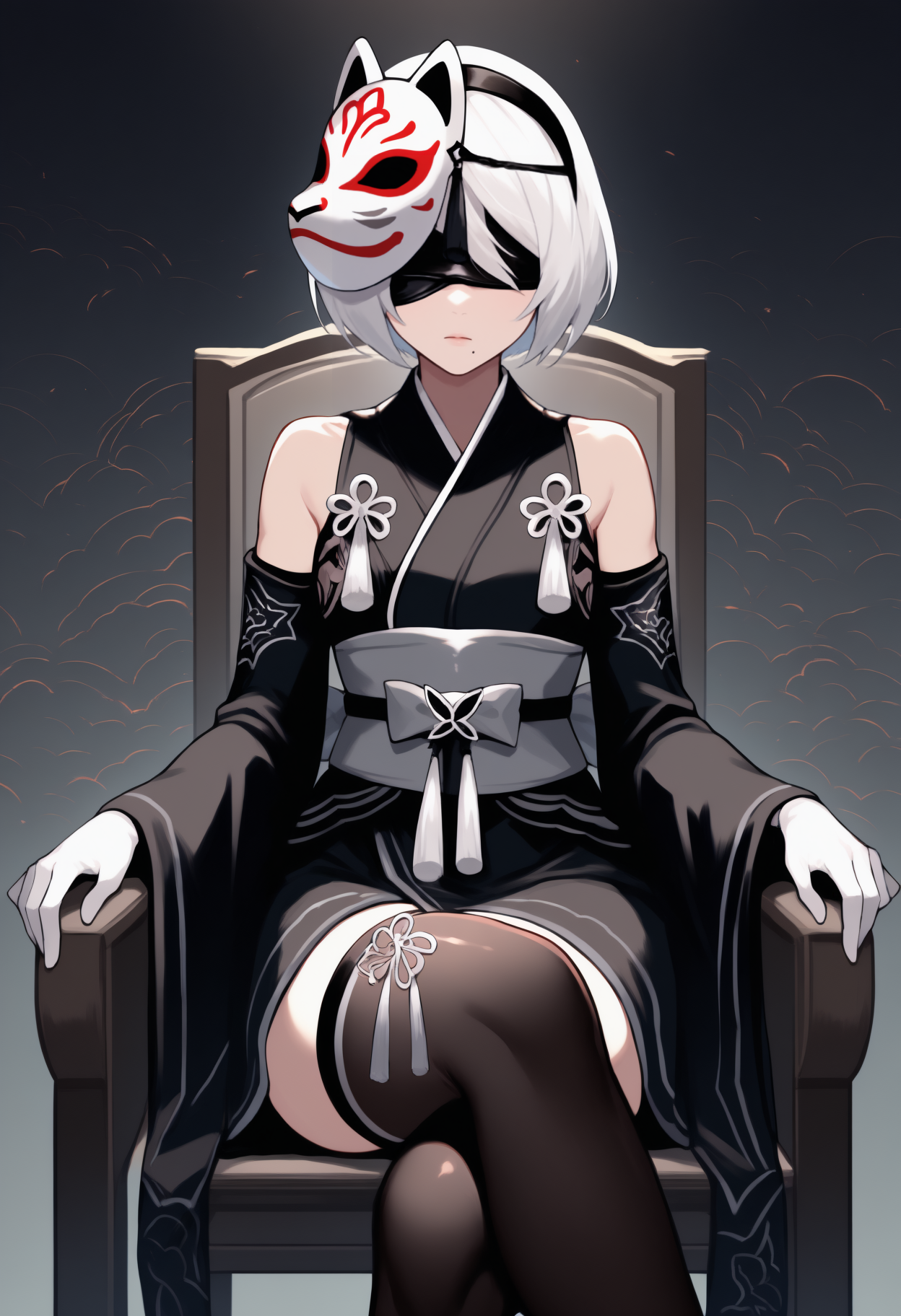 anime, masterpiece, best quality, newest, feet out of frame, solo, 1girl, no2tbkimono, mole under mouth, expressionless, sitting, on chair, crossed legs, short hair, white hair, black hairband, fox mask, mask on head, covered eyes, black blindfold, japanese clothes, tassel, short kimono, black kimono, sleeveless kimono, grey sash, obi, detached sleeves, wide sleeves, white gloves, black thighhighs, bare shoulders, abstract background
<segment:yolo-face_yolov8m.pt,0.4,0.5//cid=1>