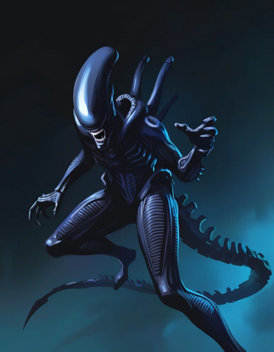 by reznicek, xenomorph, action-pose, from-side ,by reznicek, newest, masterpiece, best quality, absurdres, highres