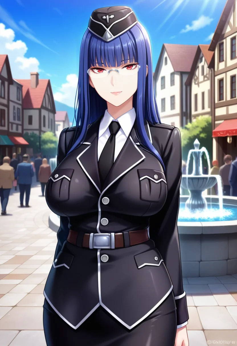 masterpiece, best quality, amazing quality,meiya, red eyes, blue hair, long hair, mature female, glasses, 1girl, solo, military uniform, hat, black skirt, belt, black necktie,breasts, large breasts, pencil skirt,black jacket, white shirt,closed mouth, light smile, standing, looking at viewer, cowboy shot, town, medieval, building, fountain, blurry background, people, day, blue sky <lora:meiyaV1:0.8>