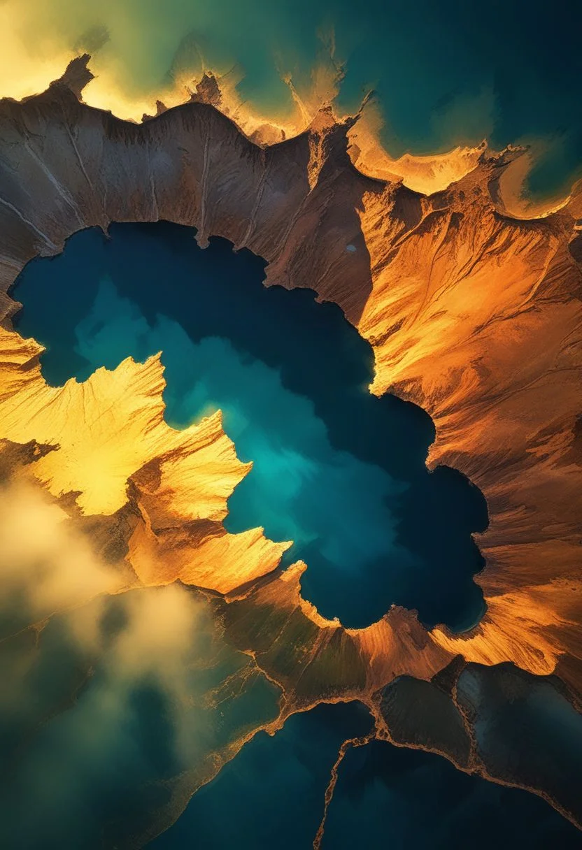 a cinematic drone film still of the incredible and awe-inspiring scene of a massive crater lake formed inside a colossal impact crater, breathtaking mountain landscape, awe-inspiring, sunlight rays, dark edges, ultra detailed, 8k, uhd