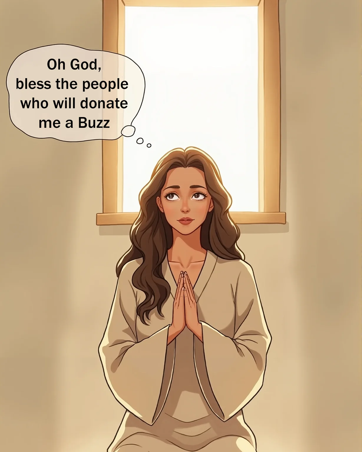 This is an illustration of a young woman in a contemplative pose, kneeling on the floor with her hands clasped in a prayer position. She has fair skin and long, wavy brown hair that cascades down her shoulders. His eyes are closed and his expression is serene and introspective. She is dressed in a loose, cream-colored robe that covers her body from the neck down, with a simple and clean aesthetic.

The setting is indoors, with a textured beige wall that contrasts softly with the wooden floor below it. A small square window with a wooden frame is located behind it, allowing natural light to pass through, casting a soft glow over it and the surrounding area. The light creates a warm, inviting atmosphere and highlights the texture of your hair and the folds of your robe.

Above her head is a thought bubble with the text, "Oh God, bless the people who will donate me a Buzz." 

The overall mood of the photograph is one of tranquility and introspection, with the soft lighting and minimalist background drawing focus to the subject's peaceful demeanor. The composition and lighting emphasize the emotional depth of the moment, capturing a serene, contemplative state.
