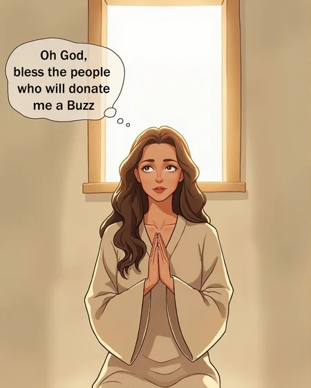 This is an illustration of a young woman in a contemplative pose, kneeling on the floor with her hands clasped in a prayer position. She has fair skin and long, wavy brown hair that cascades down her shoulders. His eyes are closed and his expression is serene and introspective. She is dressed in a loose, cream-colored robe that covers her body from the neck down, with a simple and clean aesthetic.

The setting is indoors, with a textured beige wall that contrasts softly with the wooden floor below it. A small square window with a wooden frame is located behind it, allowing natural light to pass through, casting a soft glow over it and the surrounding area. The light creates a warm, inviting atmosphere and highlights the texture of your hair and the folds of your robe.

Above her head is a thought bubble with the text, "Oh God, bless the people who will donate me a Buzz." 

The overall mood of the photograph is one of tranquility and introspection, with the soft lighting and minimalist background drawing focus to the subject's peaceful demeanor. The composition and lighting emphasize the emotional depth of the moment, capturing a serene, contemplative state.
