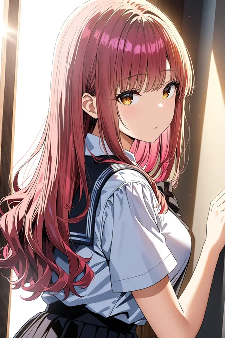 16k, 8k, 4k,
best quality, extremely detailed fine touch, hyper detailed, highly detailed, top quality, extreme quality, ultra details, absurdres, masterpiece, amazing details, beautiful illustration, detailed face,
source_anime, digital painting, anime,
very aesthetic, natural light, sun light, light rays, dappled light, reflection, shadows, ray tracing, soft lighting,
bright colors, vivid colors, hdr, volumetric lighting,
 <lora:kaori2(sdxl):1>  kaori, 1girl, long hair, pink hair, bangs, brown eyes, looking at viewer, school uniform, black bow, black pleated skirt, white collared shirt tucked in,