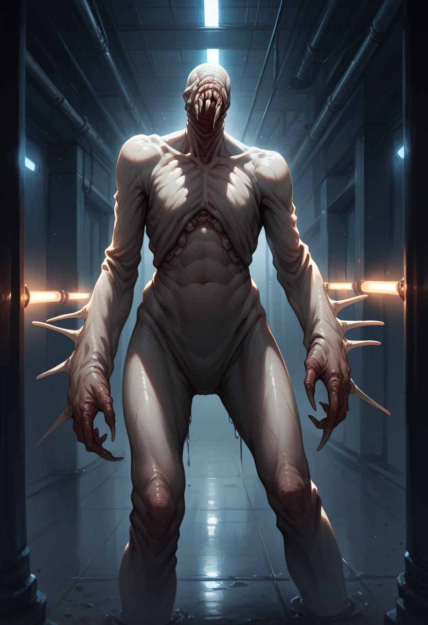 score_9, score_8_up, score_7_up, best quality, masterpiece, source_anime, zPDXL3, BREAK night,  <lora:ooseRE:1> monster, reooze, solo,  futuristic research facility, bright lights, cold colors, white lights , interfaces, pipes,