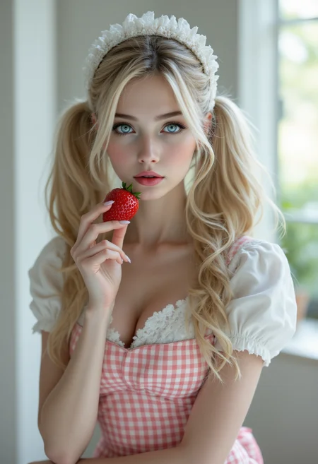 A high-resolution close up shot , aesthetically pleasing photograph of a 22yo woman with a playful, flirtatious demeanor. She has long flowing blonde hair styled twintails, adorned with a delicate white lace headband. Her bright, sparkling blue eyes as she winks at the viewer with one eye open and one closed . smooth fair complexion radiate charm and elegance.
She wears a vintage-inspired maid costume, featuring a white dress with a fitted bodice,cleavage, and short sleeves, complemented by a bold red and white checkered apron. She delicately holds a ripe strawberry near her lips,while her left hand rests confidently on her hip, adding a playful touch to her pose. dynamic pose
The background is a bright, minimalist setting, with a soft, natural light illuminating the scene, enhancing the subjectâs features and textures. The atmosphere is whimsical and innocent, evoking a sense of fantasy and nostalgic charm. The style is reminiscent of cosplay or themed costume photography, with careful studio lighting and a dreamy, ethereal quality. Hyper-detailed, photorealistic, soft focus, vibrant colors, cinematic composition <lora:persona5_ann_takamaki_flux_v3_2:0.7> , medium breasts, ann_takamaki <lora:aidmaFLuxPro1.1_v0.3:0.85> aidmafluxpro1.1