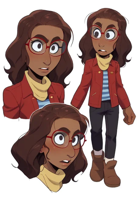 score_9, score_8_up, score_7_up, score_6_up, score_5_up, score_4_up, conceptart,multiple views,white background,simple background,<lora:concept:1>,
1girl, solo,$heela, long wavy hair, brown hair, thick eyebrows, dark-skinned female, black eyes, dark-red frame glasses, yellow scarf, red jacket, striped-blue shirt, dark-grey pants, brown shoes,
<lora:princess_xl_v1:0.7>, <lora:Expressive_H:0.6>, <lora:incase-ilff-v3-4:0.5>, <lora:MysticalPlantPenetratorPDXL:0.5>, <lora:Sheela_TGaMM:1>