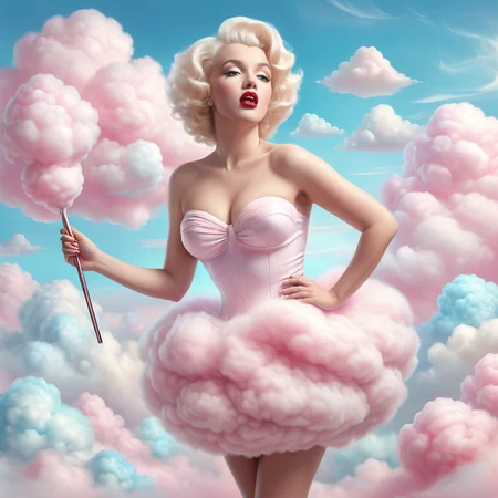 cottoncandy, surreal photo of a giant woman in classic femme style rising above cotton candy clouds, surprised expression, retro glamour hair, shoulders emerging above pastel sky, sensitive areas tastefully covered by candy vapor, dramatic perspective, majestic, highly detailed ,
<lora:add-detail-xl:0.3>, <lora:SDXLCottonCandy:1>