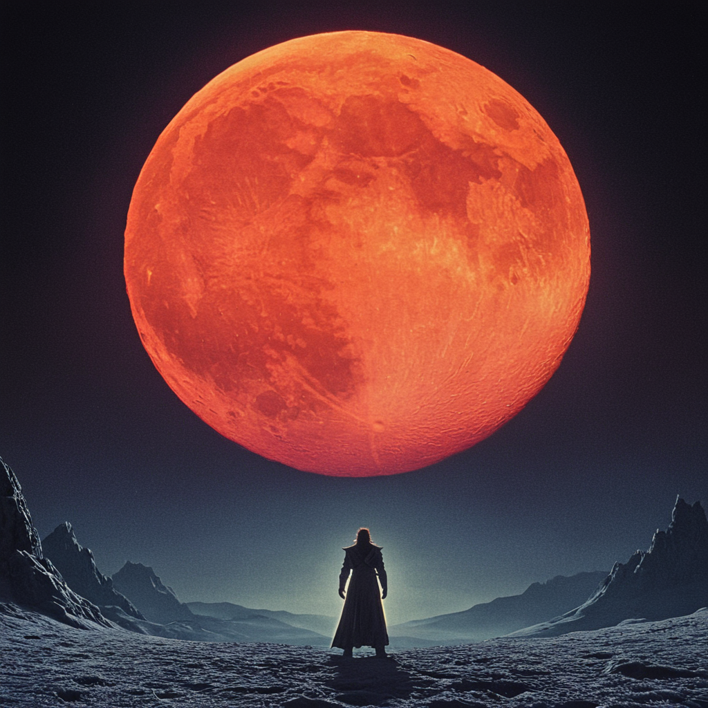 <lora:80sFantasyMovieSDXL2:1> ArsMovieStill, 80s Fantasy Movie Still, The image is a digital illustration of a person standing in the middle of a vast landscape with a large full moon in the background. The person is facing away from the viewer with their back towards the horizon. The sky is dark and cloudy and the moon is a bright orange color. The mountains on either side of the person are covered in snow and ice and they are silhouetted against the sky. The overall mood of the image is dramatic and awe-inspiring., moon, scenery, sky, night, full moon, outdoors, night sky, star (sky), ambiguous gender, solo