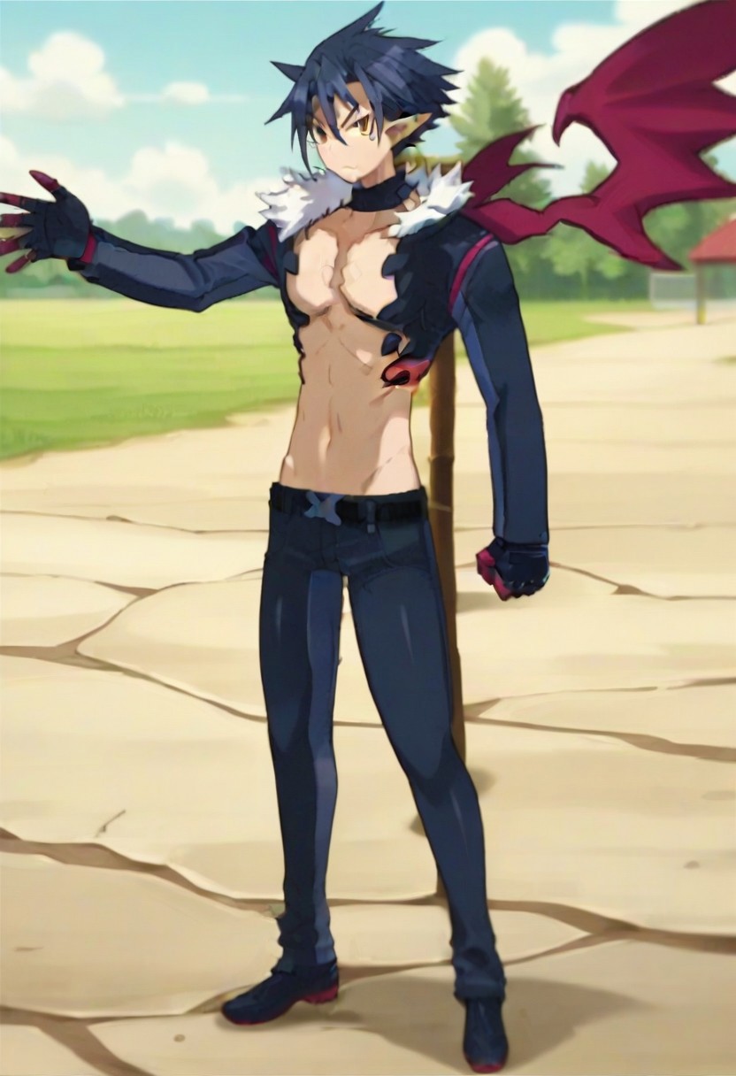 ((masterpiece)), ((best quality)), ((ultra-detailed)), ((absurdres)), score_9_up, score_8_up, score_7_up,
HD, top quality, best quality, amazing quality, High-quality illustrations, anime screencap, source_anime, best aesthetic, perfect proportions, perfect eyes, 1boy, 1male, solo boy, solo male, male focus, solo male focus, Anime, boy, male anime character, anime boy, handsome, attractive, cute, charming, sexy, hot, ((tall, tall height, tall body)), ((slim body, slim body)), Killia, dark blue hair, golden eyes, black eye marks under eyes, pointed ears, long sleeve blue jacket, white puffed collar, neck choker, red-pink accents, blue and red-pink wings, black gloves, red-pink claws, dark marks on chest and upper abdomen, belt, dark blue pants, dark blue shoes, full body shot, head to feet shot