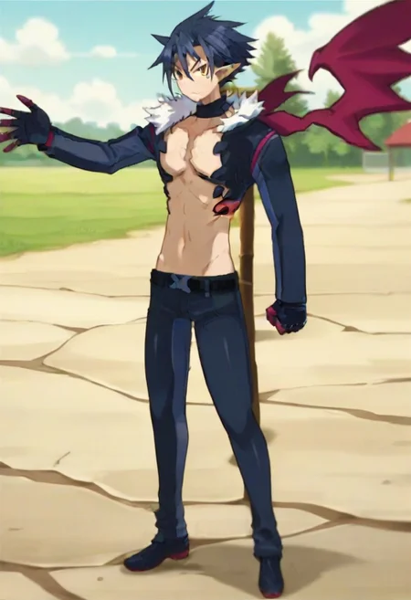((masterpiece)), ((best quality)), ((ultra-detailed)), ((absurdres)), score_9_up, score_8_up, score_7_up,
HD, top quality, best quality, amazing quality, High-quality illustrations, anime screencap, source_anime, best aesthetic, perfect proportions, perfect eyes, 1boy, 1male, solo boy, solo male, male focus, solo male focus, Anime, boy, male anime character, anime boy, handsome, attractive, cute, charming, sexy, hot, ((tall, tall height, tall body)), ((slim body, slim body)), Killia, dark blue hair, golden eyes, black eye marks under eyes, pointed ears, long sleeve blue jacket, white puffed collar, neck choker, red-pink accents, blue and red-pink wings, black gloves, red-pink claws, dark marks on chest and upper abdomen, belt, dark blue pants, dark blue shoes, full body shot, head to feet shot