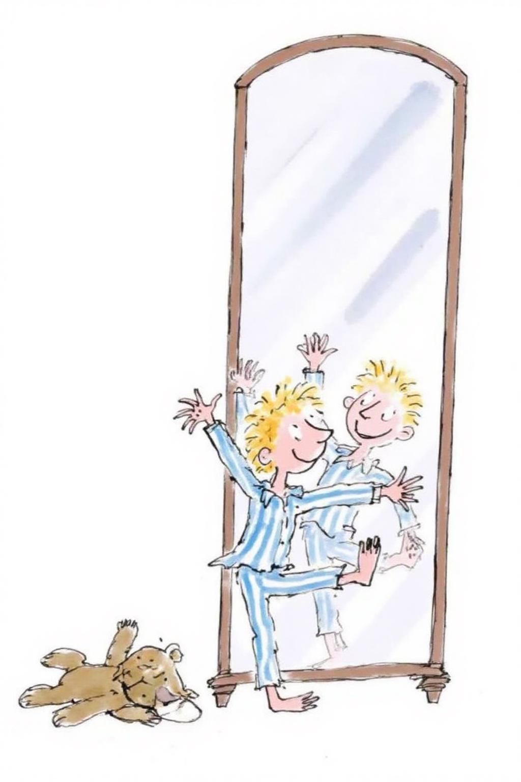 qub1 illustration. A boy with short, curly blonde hair, dressed in light blue pajamas with vertical stripes, engaging in a playful dance in front of a full-length mirror. On the left is a teddy bear lying on the floor.. <lora:qub1_cap_d6a3e12:1.0><lora:826979052431681333:0>