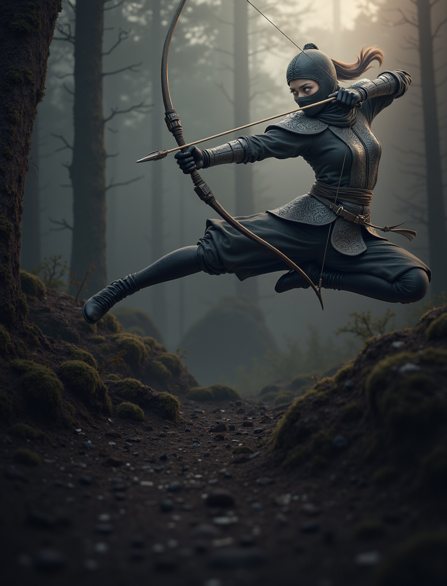 A hyper-realistic jump action pose of a masked ninja girl archer mid-air, drawing a bow with an arrow aimed precisely forward. The character wears intricately detailed dark armor with woven leather and polished metal plates. Add a dynamic and atmospheric background of a misty, mystical forest with faint beams of light piercing through the fog. Textured bark, moss-covered stones, and a sense of ethereal mystery envelop the scene. Highly detailed, cinematic lighting, depth of field, ultra-crisp detailing on the armor and weaponry. cinematic, natural colour, realistic detail.