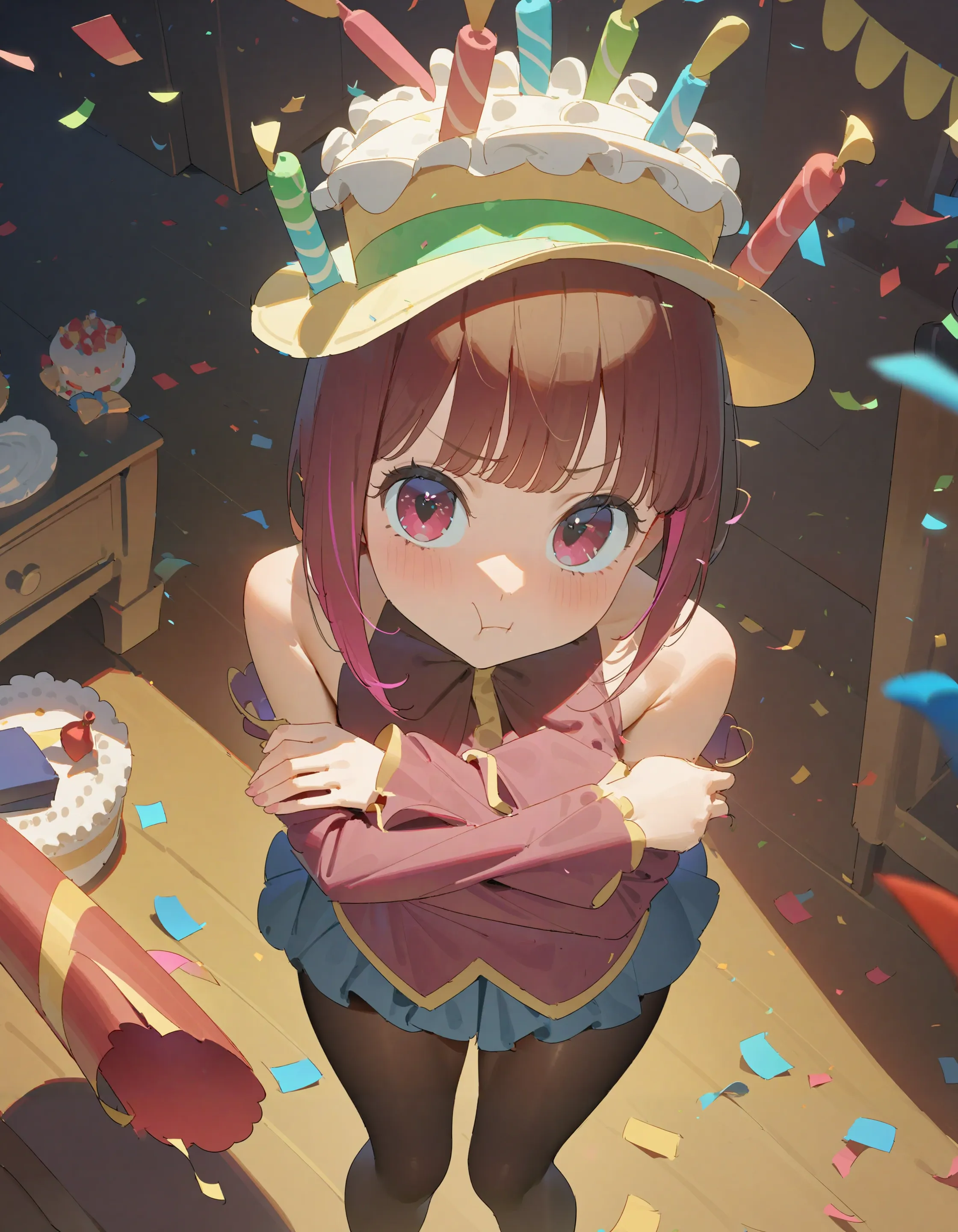 1girl, arima kana, cake hat, oshi no ko, timbougami,
feet out of frame, confetti, crossed arms, pout, looking at viewer, living room, bare shoulders, detached sleeves, black pantyhose, party popper, garland \(decoration\), night, from above,
best quality, masterpiece,
<lora:concept_cakehat:1>