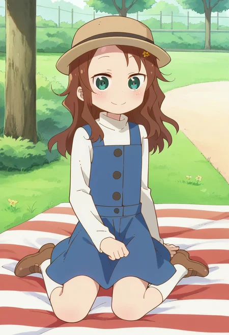 1girl, solo, rikos, saidrs, long hair, brown hair, hair ornament, green eyes, flower, blue dress, pinafore dress, white shirt,brown headwear, socks, brown footwear, <lora:PonyXL Riko Saikawa:1>, score_9, score_8_up, score_7_up, score_6_up, score_5_up, score_4_up , anime coloring ,BREAK source_anime, anime,
looking at viewer, smile,
outdoors, park, grass, picnic blanket, sitting on blanket, next to tree,