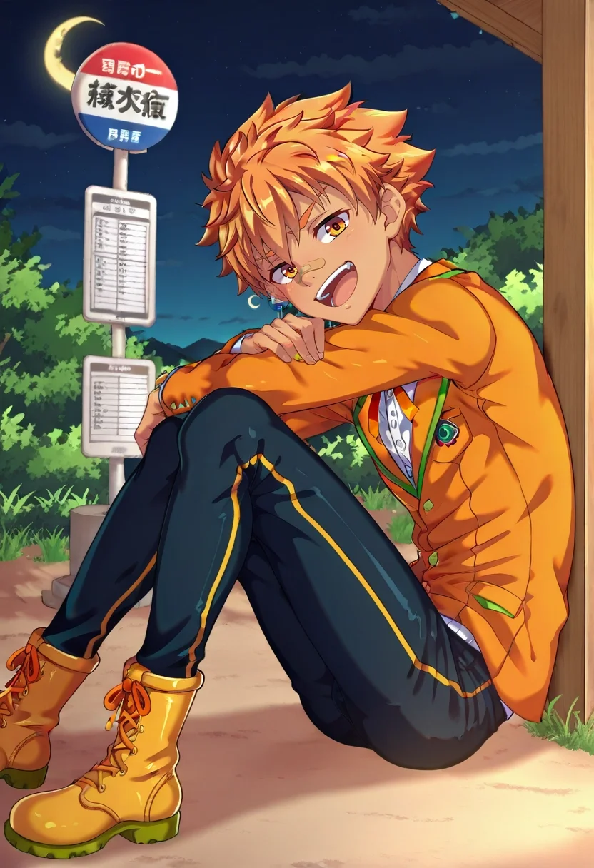 masterpiece, best quality, intricate details, , looking at viewer, , 1boy, solo, male focus, <lora:jirou_camp_buddy_ilxl:0.98>, jirou_camp_buddy, orange hair, orange eyes, bandaid on nose, from side, bus stop, night, crescent moon, knees together feet apart, laughing, Straight-leg pants, Blazer, Chukka boots, ,