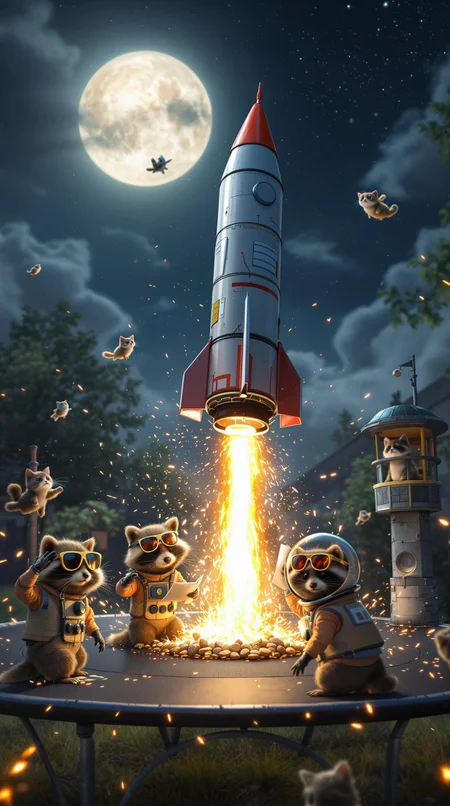 A group of raccoons in tiny astronaut suits attempt to launch a homemade rocket from a backyard trampoline. One raccoon, wearing oversized aviator sunglasses, dramatically salutes the sky while another frantically reads an upside-down manual. The rocket, built from soda cans and duct tape, is moments away from disaster. A confused cat in a tiny control tower watches in disbelief. The background features a full moon, illuminating the chaos with a cinematic glow. The scene is captured as a high-speed action shot, with sparks flying and raccoons mid-air from the trampoline bounce.
