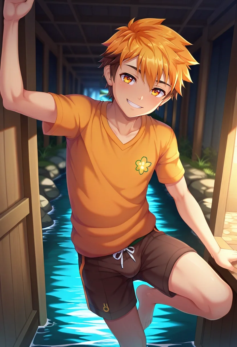 masterpiece, best quality, , (realistic:0.6), , depth of field, 1boy, solo, male focus, <lora:hiro_akiba_ilxl:0.9>, hiro_akiba, orange hair, orange eyes, short hair, multicolored hair, brown hair, , focused, river, indoors, dark, standing on one leg, naughty smile,