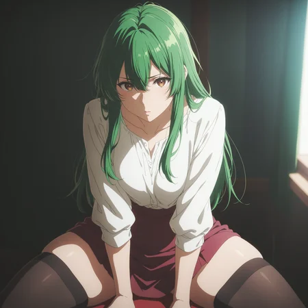 masterpiece, best quality, newest, absurdres, highres,anime coloring, 1girl, green hair, long hair, brown eyes, white blouse, short skirt, thighhighs, sitting, legs apart, looking at viewer, thick thighs, <lora:VioletEvergardenStyle-000007:1>