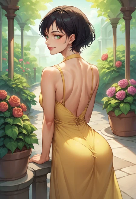 score_9, score_8_up, score_7_up, source_anime, 1girl, solo, yurikosmtiv, black hair, short hair, lipstick, mole under eye, makeup, green eyes, from behind, yellow sundress, garden, day, sunshine, smile, looking back, <lora:zs_YurikoIVXL:1>