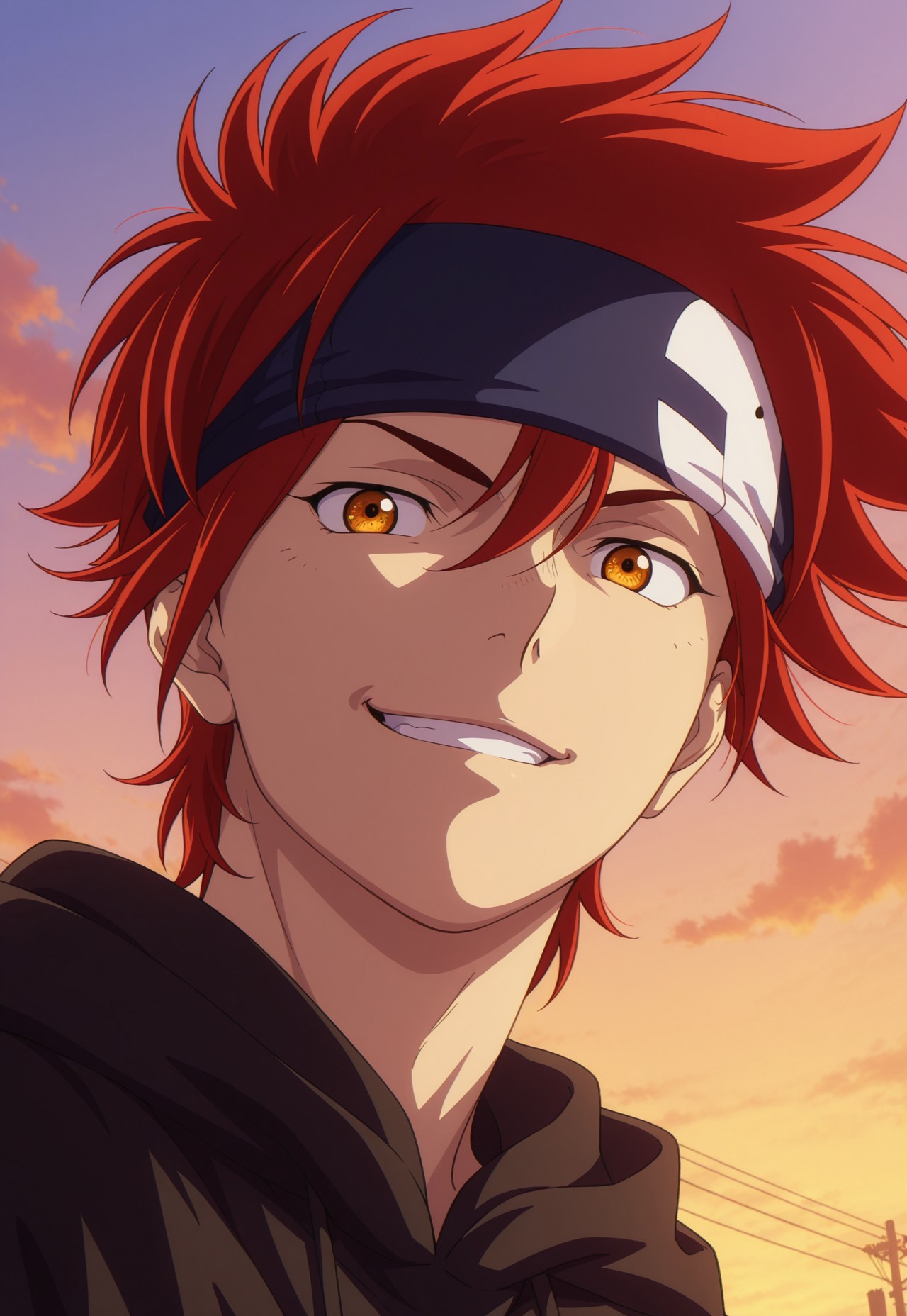 detailed details, shaded, detailed shading, detailed skin, shaded skin, realistic shading, countershading:1.1, outdoors, Reki Kyan, amber eyes, red hair, headband, smirk, low angle view, 