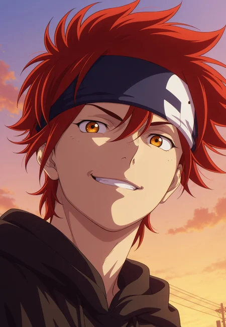 detailed details, shaded, detailed shading, detailed skin, shaded skin, realistic shading, countershading:1.1, outdoors, Reki Kyan, amber eyes, red hair, headband, smirk, low angle view,
