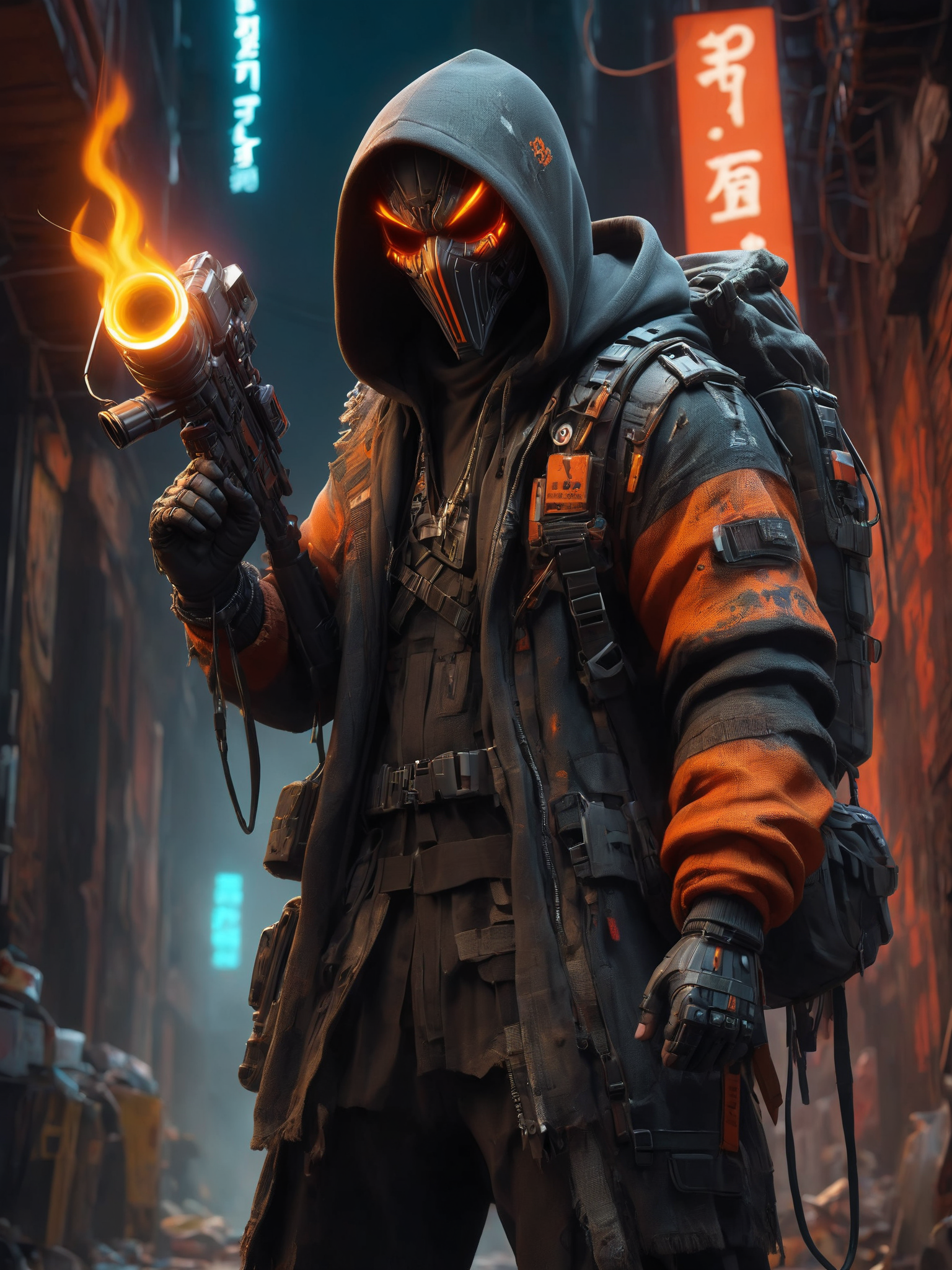 cinematic shot, dramatic lighting, man, mad-hllwnrs, hoodie, dynamic pose, (holding flamethrower:1.3), dimly lit, futuristic urban alleyway, garbage, filith, neon lights, graffiti-covered walls <lora:Neon_Cyberpunk_SDXL_Halloweener:0.8>,  (masterpiece:1.2), best quality, (hyperdetailed, highest detailed:1.2), high resolution textures