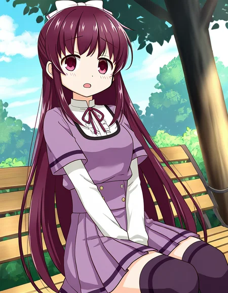 masterpiece, best quality, newest, absurdres, highres, safe, 1girl, amane tsukuyo \(school uniform\), magia record: mahou shoujo madoka magica gaiden, thighhighs, solo, sitting, open mouth, outdoors, dutch angle, <lora:amane_tsukuyo_noobaiXLNAIXL_vPred10Version:0.7>