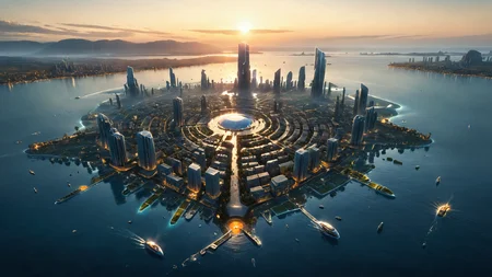 photorealistic, detailed digital illustration of a futuristic floating city in the middle of the ocean, <lora:xl_more_art-full_v1:0.4>,  Twilight Light,  <lora:EnvyPanoramaXL01:0.8>, <lora:Arcane_Ruins_XL:0.7> arcane ruins, <lora:sdxlaarg_aerial:0.8> archiaerialview