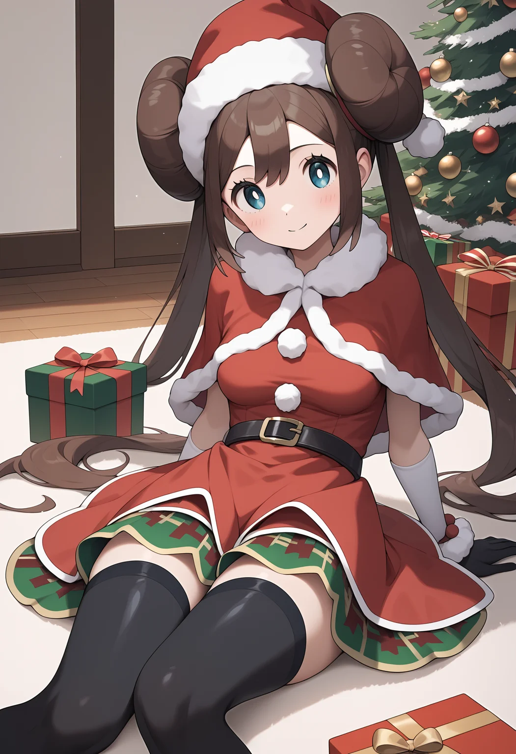 score_9, score_8_up, score_7_up, score_6_up, score_5_up, score_4_up, source_anime, aarosa, long hair, brown hair, double bun, twintails, hat, red headwear, blue eyes, medium breasts, fur trim, red capelet, red dress, elbow gloves, black gloves, black belt, layered skirt, black thighhighs, <lora:rosa_(pokemon)_ponyxl_v1:0.9>, indoors, stting, on floor, room, christmas, gift box,