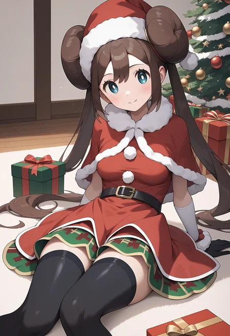 score_9, score_8_up, score_7_up, score_6_up, score_5_up, score_4_up, source_anime, aarosa, long hair, brown hair, double bun, twintails, hat, red headwear, blue eyes, medium breasts, fur trim, red capelet, red dress, elbow gloves, black gloves, black belt, layered skirt, black thighhighs, <lora:rosa_(pokemon)_ponyxl_v1:0.9>, indoors, stting, on floor, room, christmas, gift box,