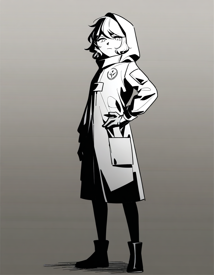lamiya,anotherstyle,1girl,solo,monochrome,greyscale,coat,hood,gloves,hood up,hand on hip,closed mouth,hooded coat,full body,short hair,standing,looking at viewer,<lora:lamiya_noob>,
masterpiece,best quality,very aesthetic,absurdres,